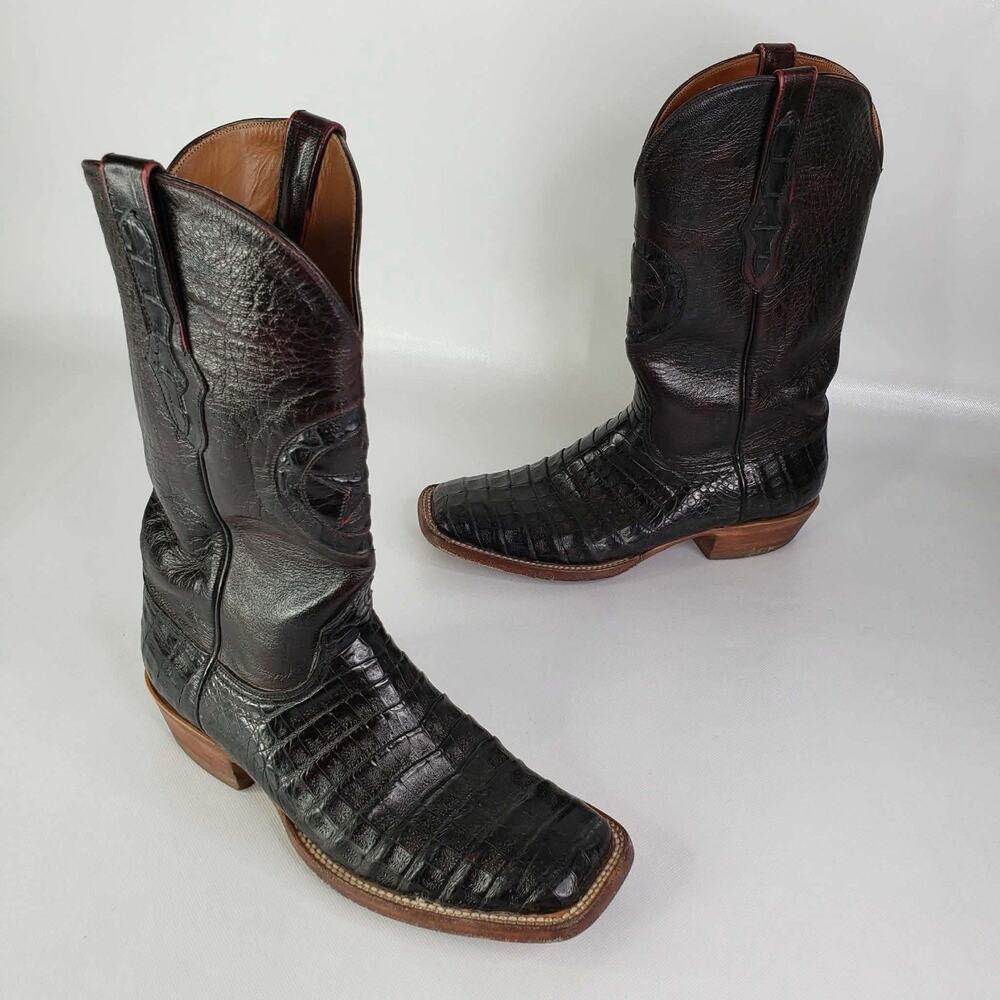 BLACK JACK Alligator Belly Black Cowboy Boots Lone Star Inlay Handmade 8 D